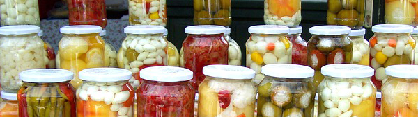 photo of rows of different foods in jars in the process of being 'pickled'